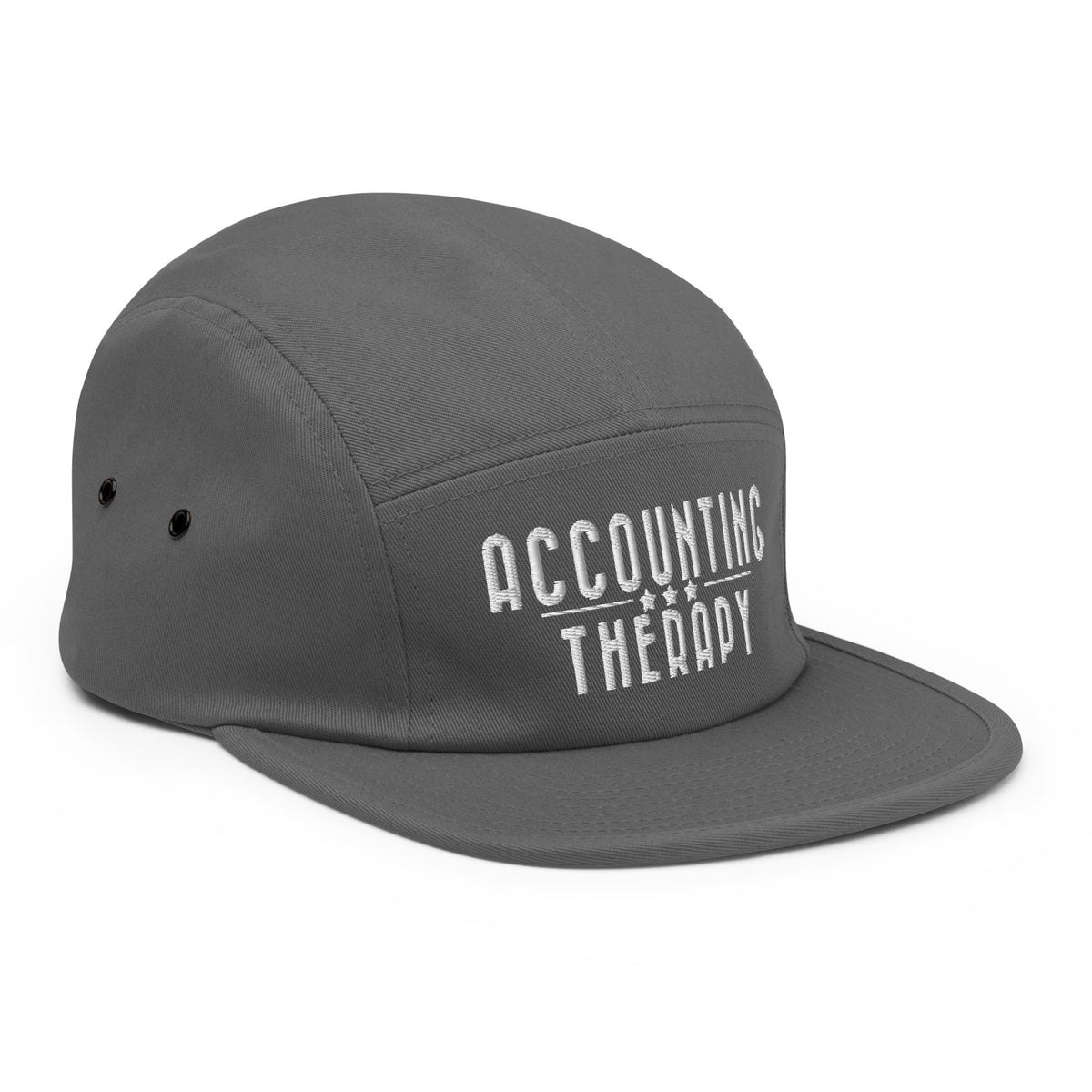 Product mockup - Right-front view of a grey 5-panel cap showing a low-profile soft-structured hat with flat brim