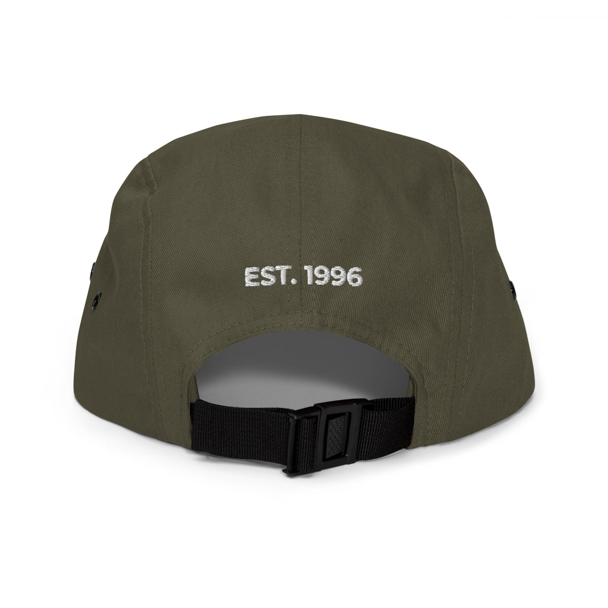 Product mockup - Back view of a olive 5-panel cap showing a low-profile soft-structured hat with flat brim