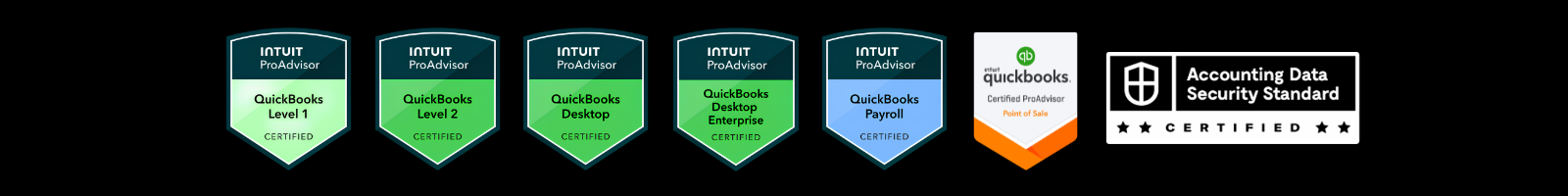 Row of company badges including QuickBooks ProAdvisor certifications and partner logos representing Accounting Therapy credentials and industry expertise