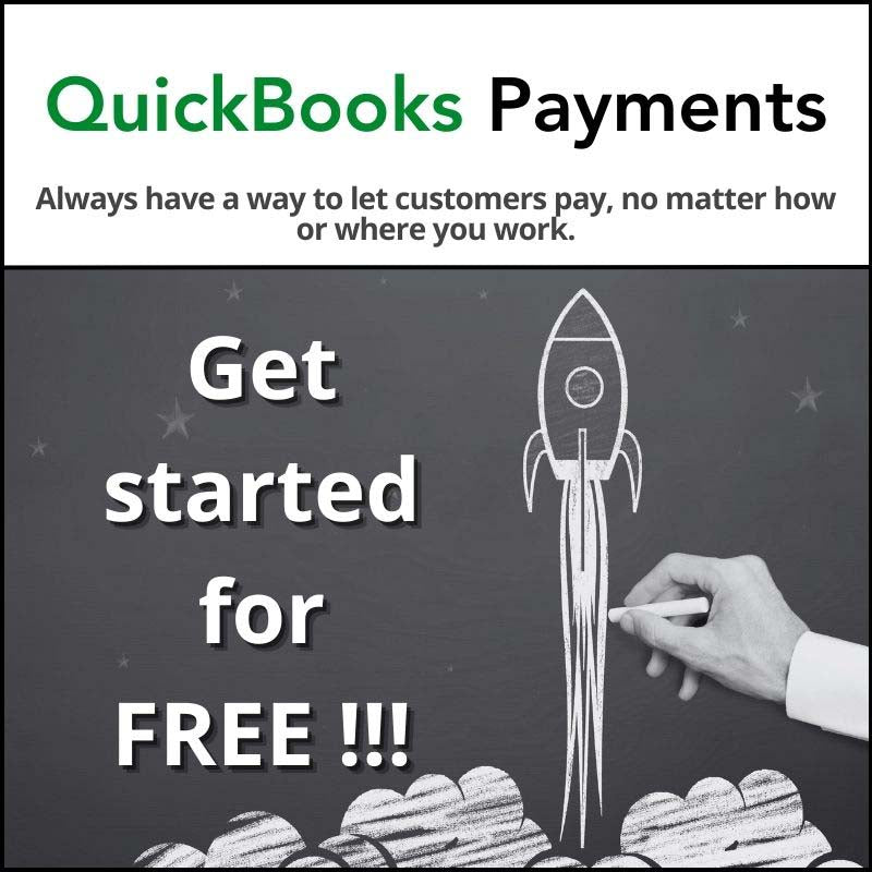 QuickBooks Payments promotional graphic showing digital payment options for small businesses, including credit card and online payment processing.