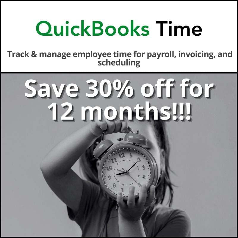 QuickBooks Time promotional graphic highlighting employee time tracking, scheduling, and mobile clock-in features for small businesses.
