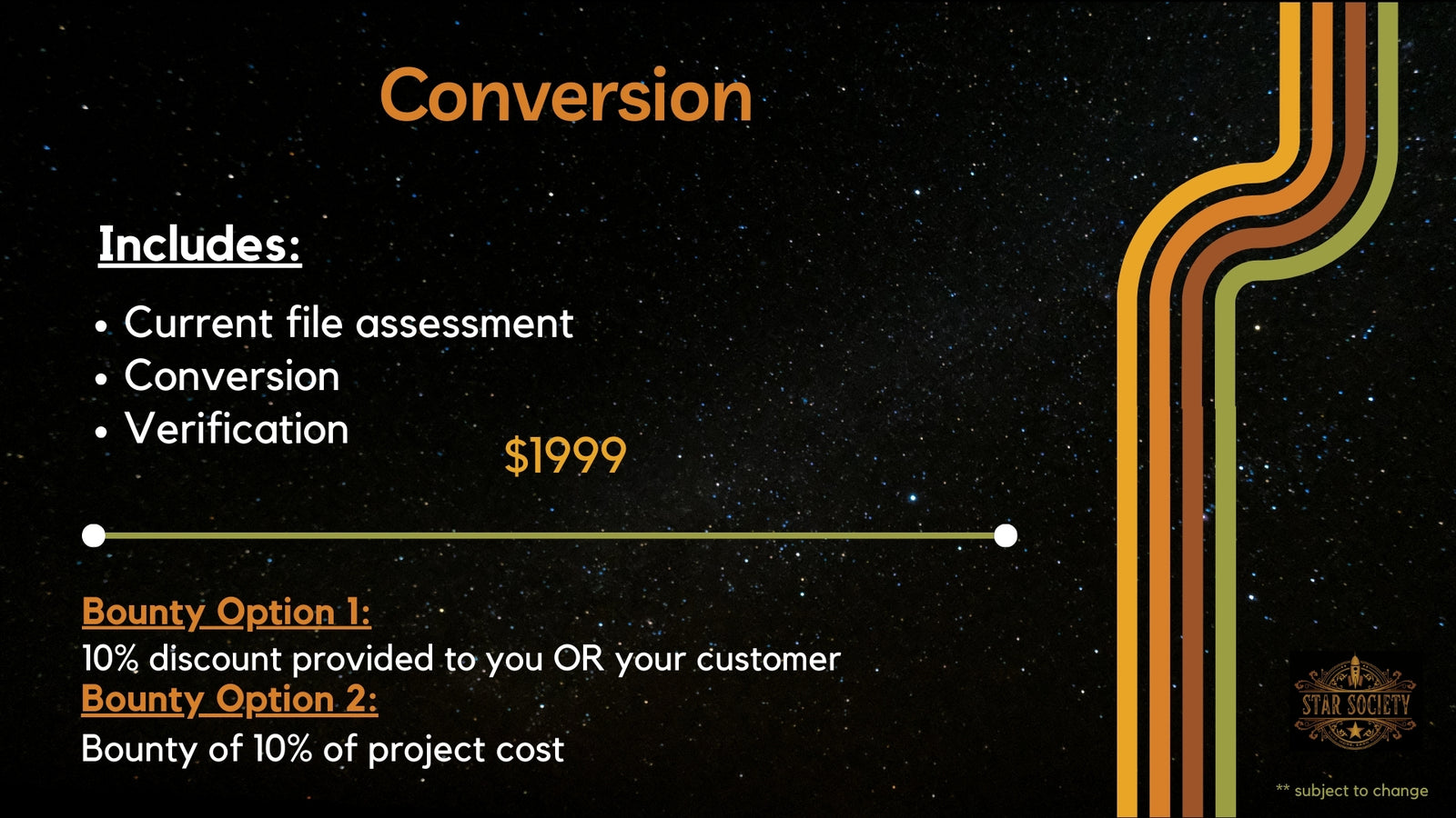 Star Society QuickBooks conversion price sheet showing pricing for file conversion, data transfer, and system setup services