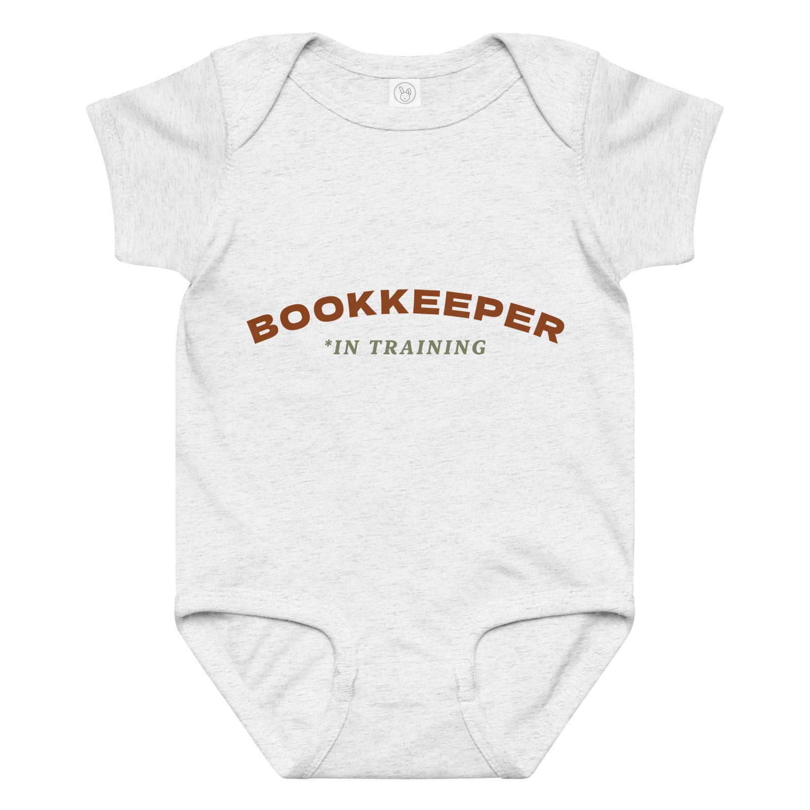 Product mockup - Front view of an ash gray baby jersey bodysuit showing a soft infant one-piece with short sleeves and snap closure