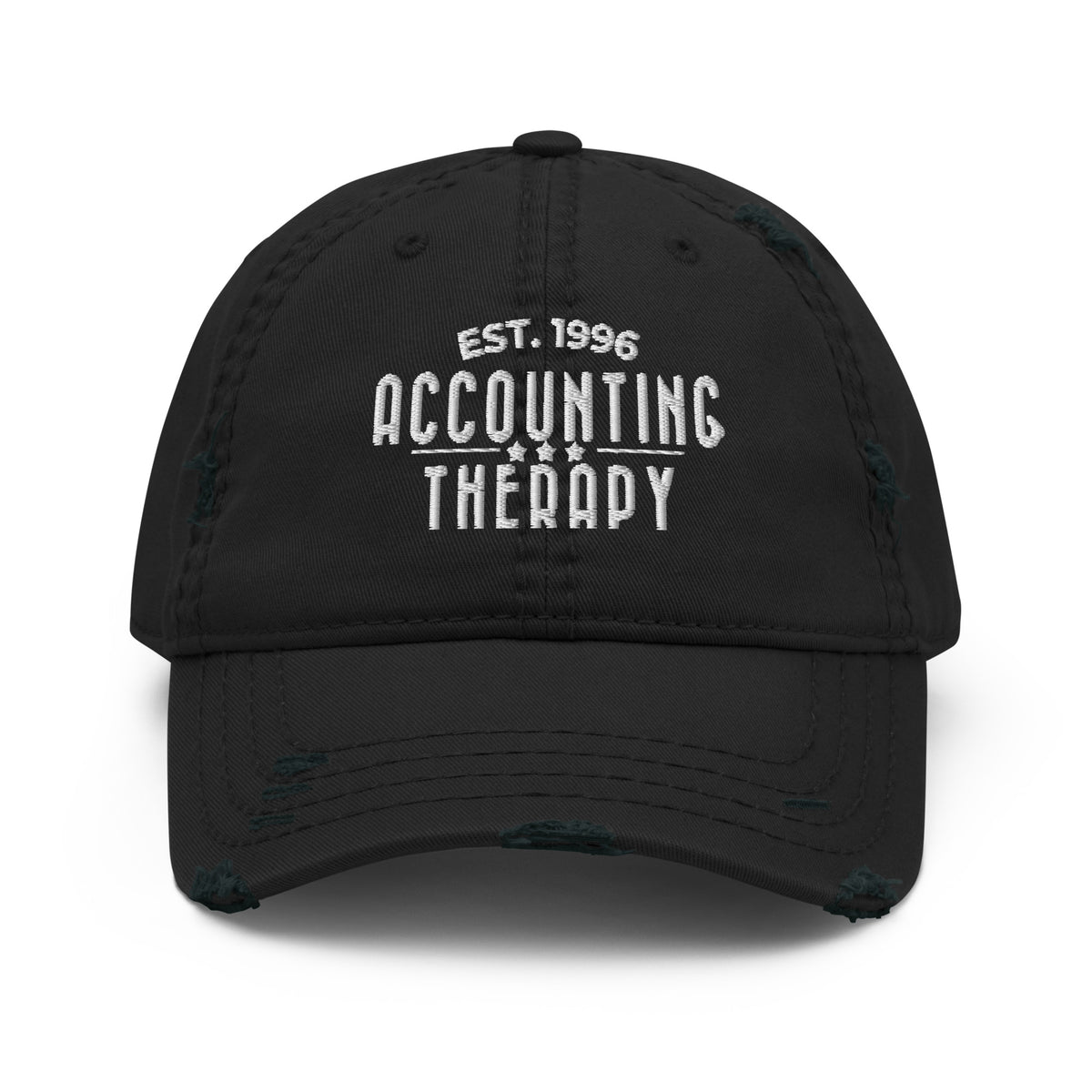 Product mockup - Front view of a black distressed dad hat showing a vintage-style baseball cap with curved brim and unstructured fit