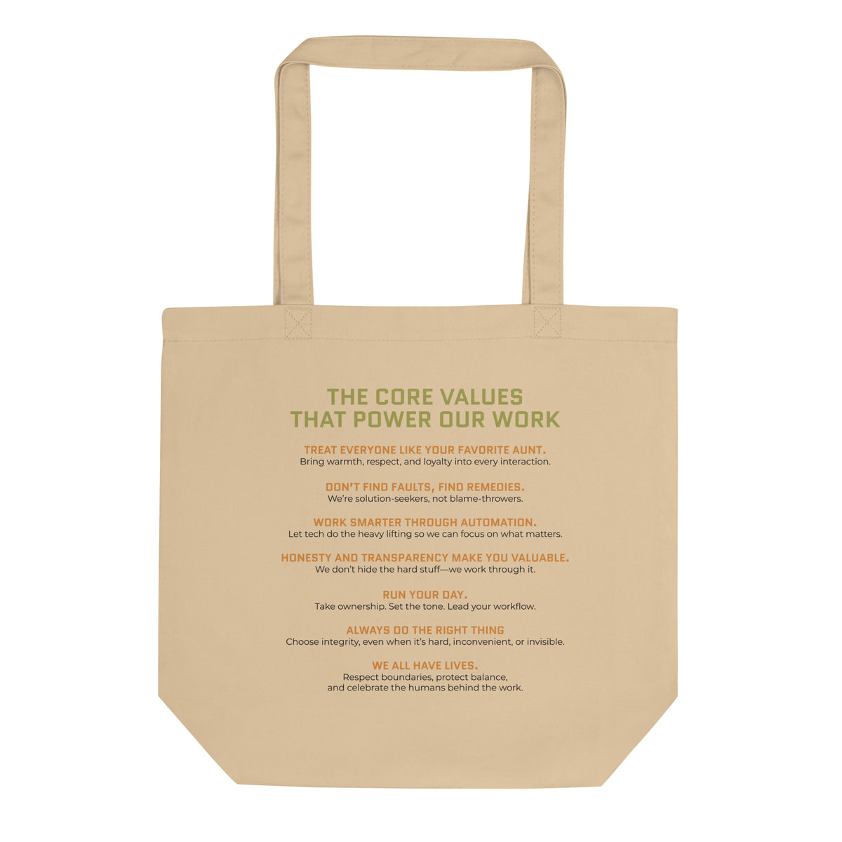 Beige tote bag with printed text stating Accounting Therapy core values