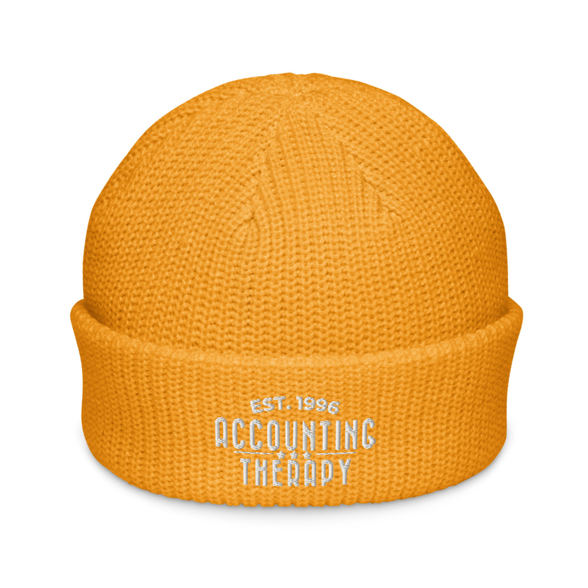 Product mockup - Front view of a yellow fisherman beanie showing a ribbed knit hat with a short cuff and snug fit