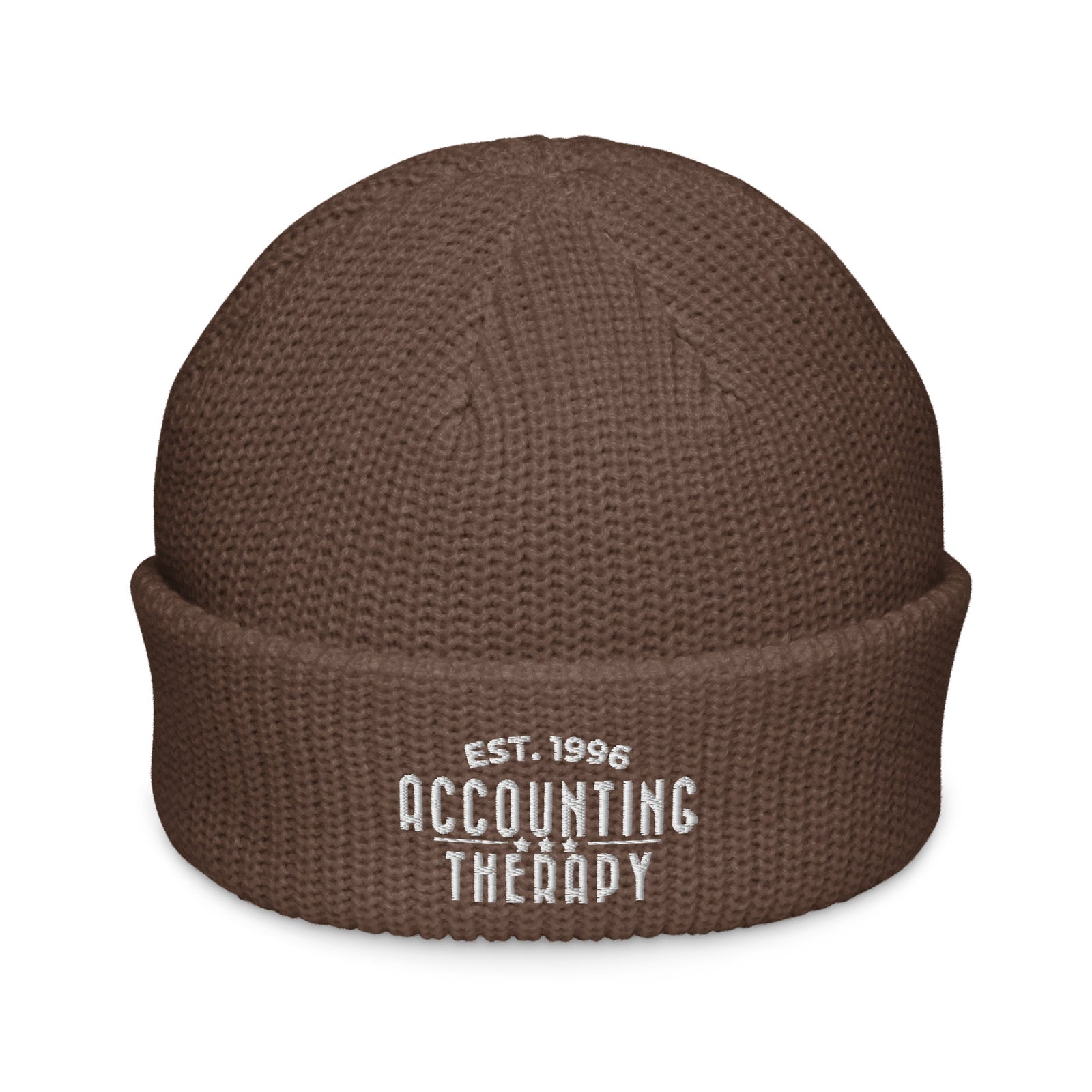 Product mockup - Front view of a brown fisherman beanie showing a ribbed knit hat with a short cuff and snug fit