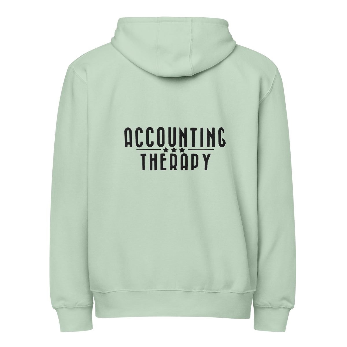 Product mockup - Back view of a seafoam unisex full zip hoodie showing a relaxed fit hooded sweatshirt with long sleeves and ribbed hem