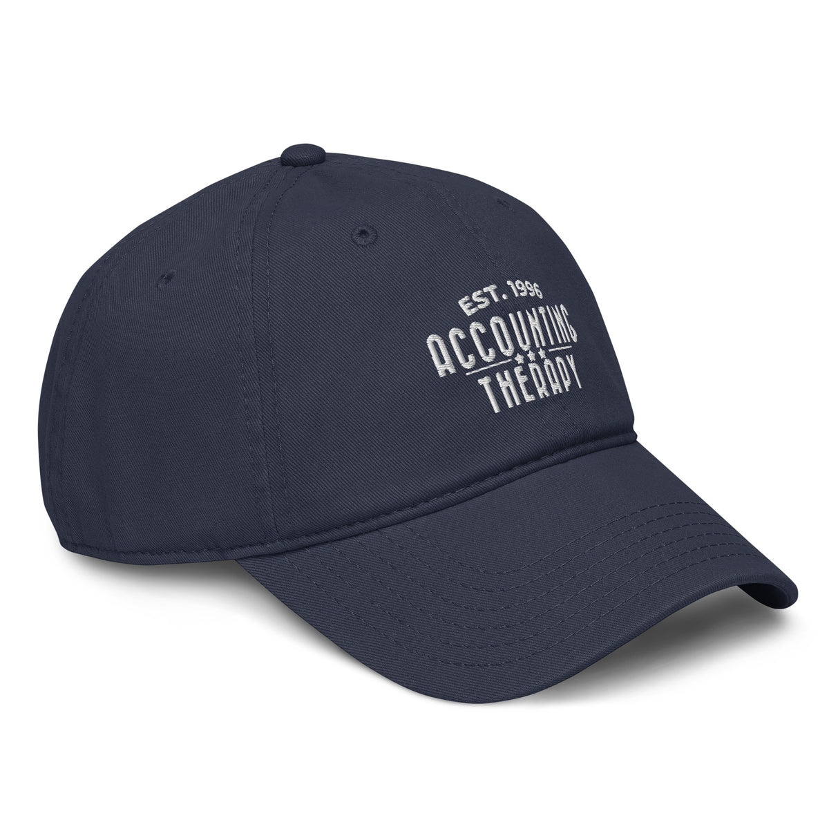 Product mockup - Right-front view of a navy OTTO cap showing a low-profile unstructured baseball hat with curved brim