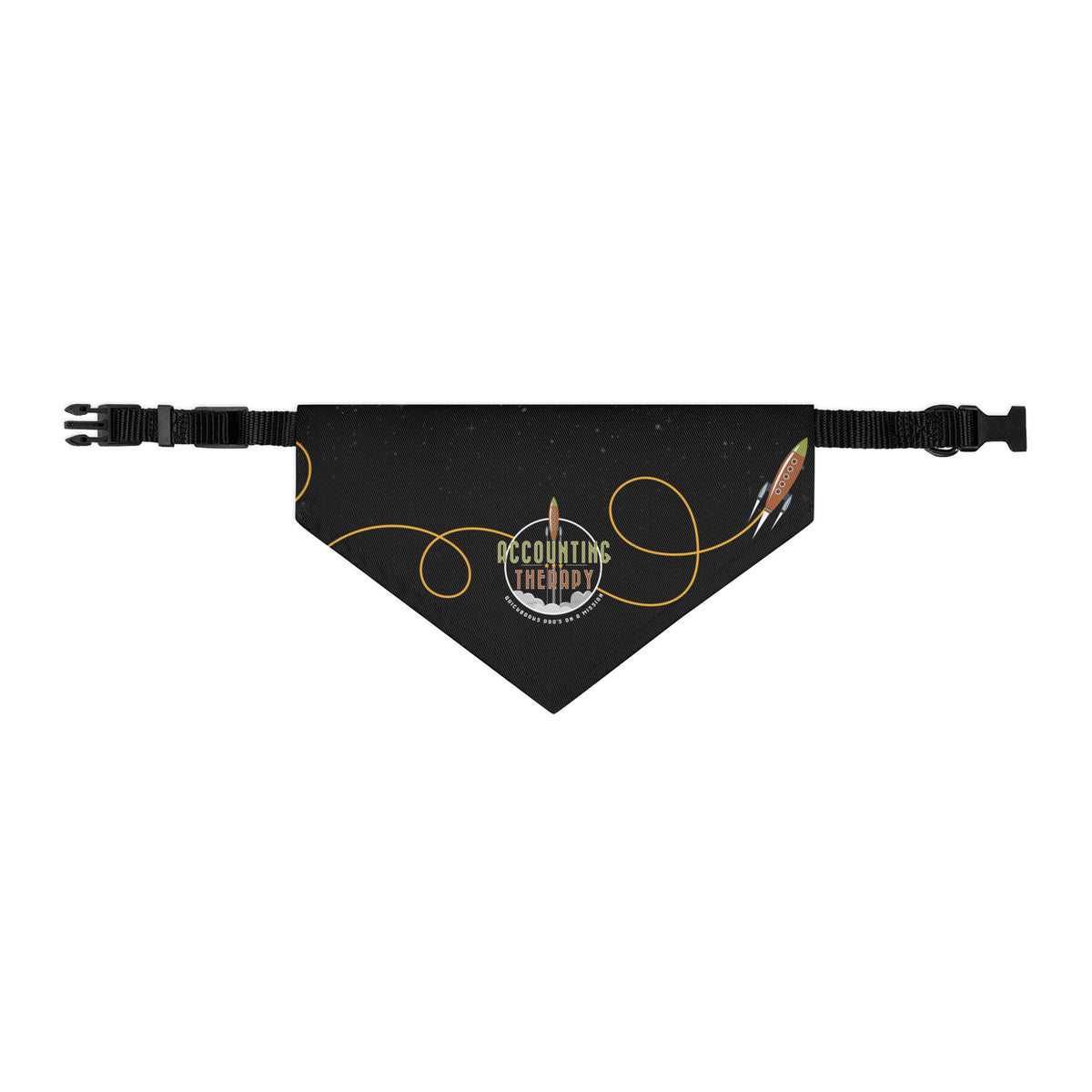 Product mockup - Front view of a black pet bandana collar in M size showing a triangular bandana attached to an adjustable collar