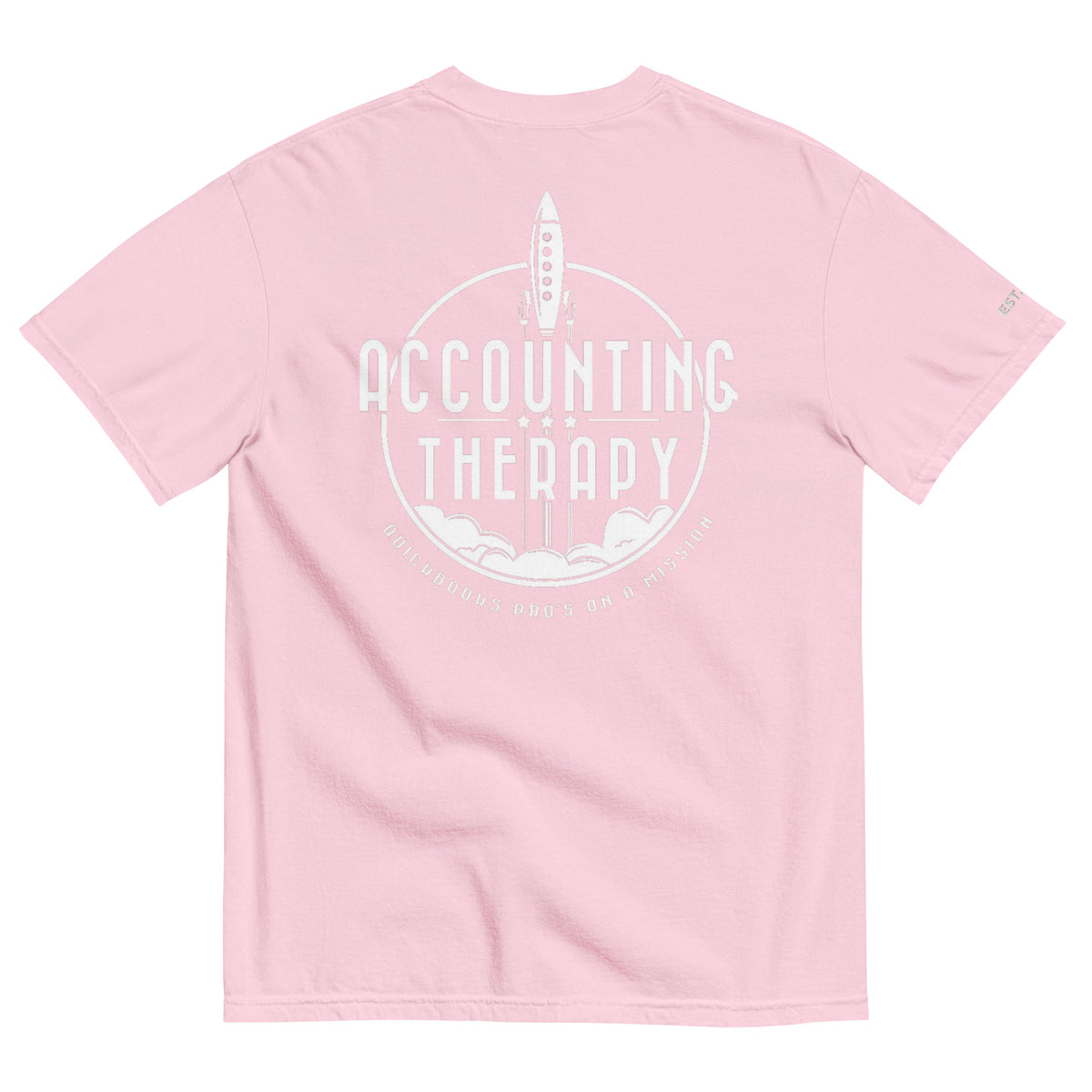 Product mockup - Back view of a blossom pink unisex garment-dyed heavyweight t-shirt showing a relaxed fit short sleeve crew neck tee