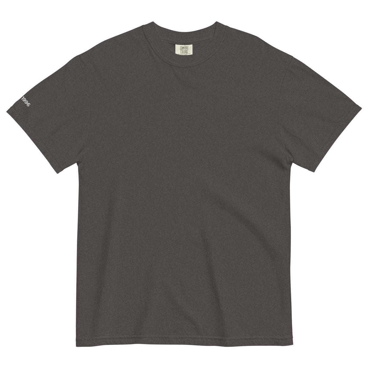 Product mockup - Front view of a Graphite unisex garment-dyed heavyweight t-shirt showing a relaxed fit short sleeve crew neck tee