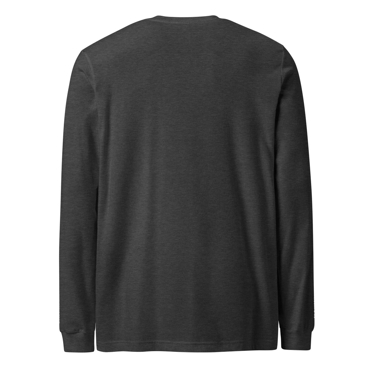 Product mockup - Back view of a heather grey green unisex long sleeve t-shirt showing a classic fit crew neck tee with long sleeves