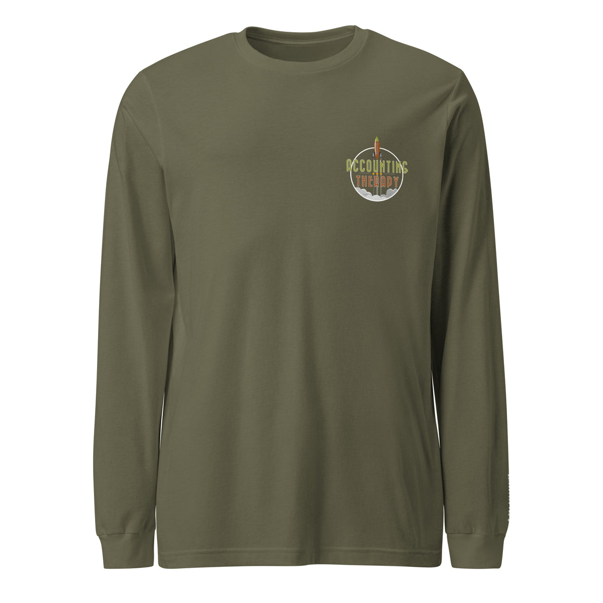 Product mockup - Front view of a military green unisex long sleeve t-shirt showing a classic fit crew neck tee with long sleeves