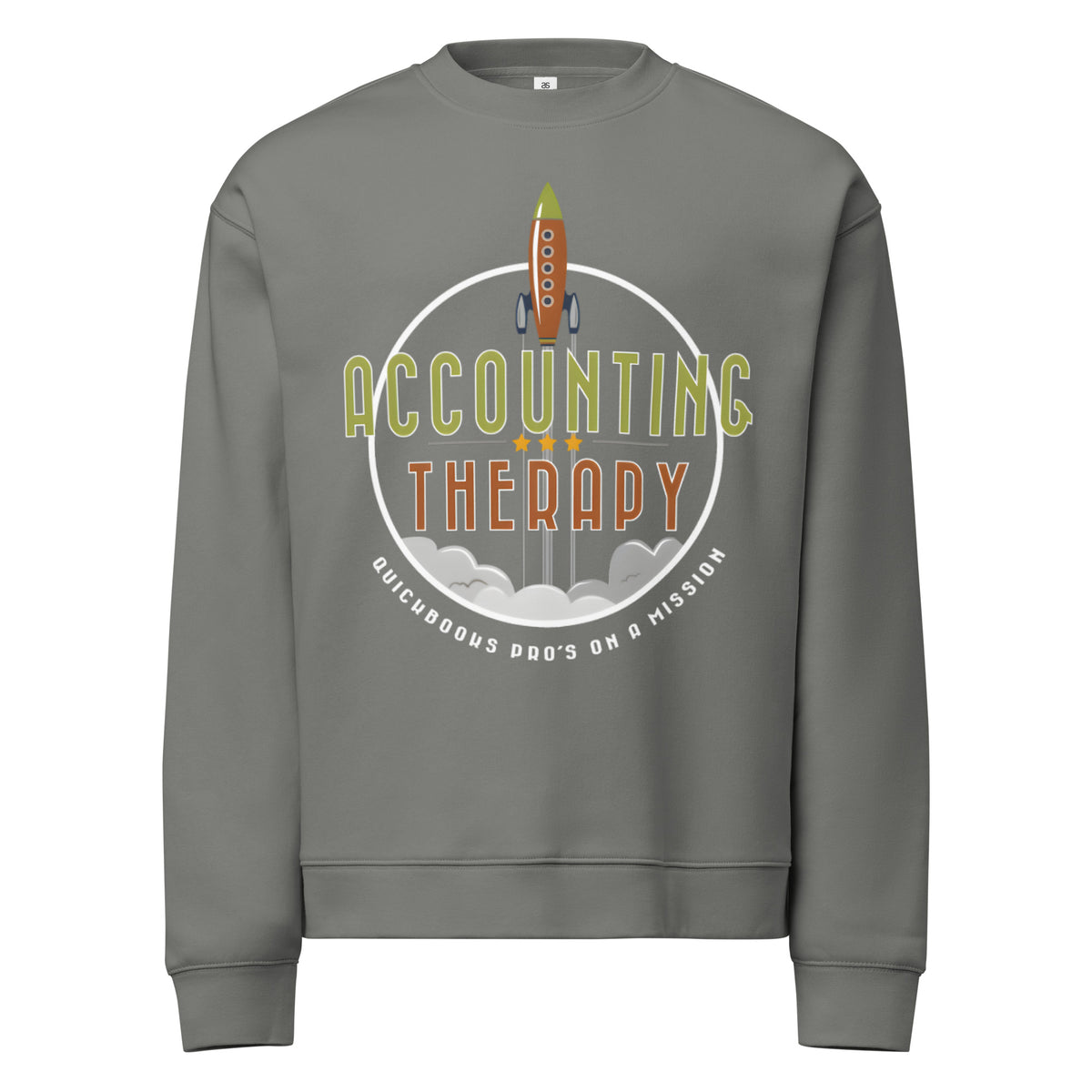 Gray sweatshirt with 'Accounting Therapy' graphic design