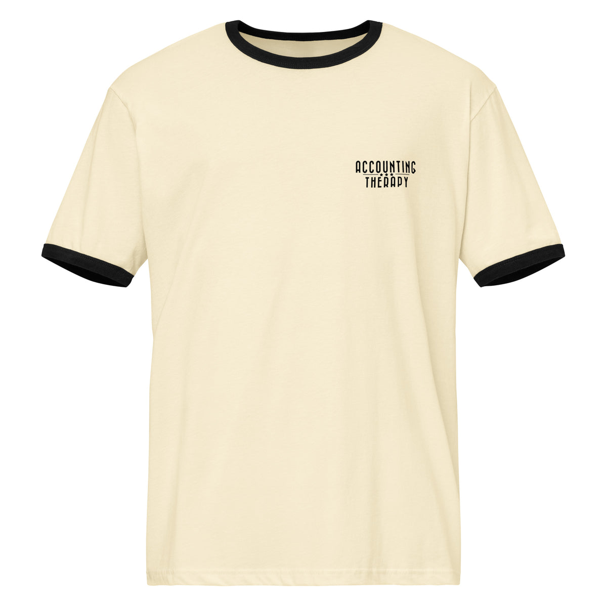 Product mockup - Front view of a natural and black unisex ringer t-shirt showing a crew neck tee with contrasting green collar and sleeve bands