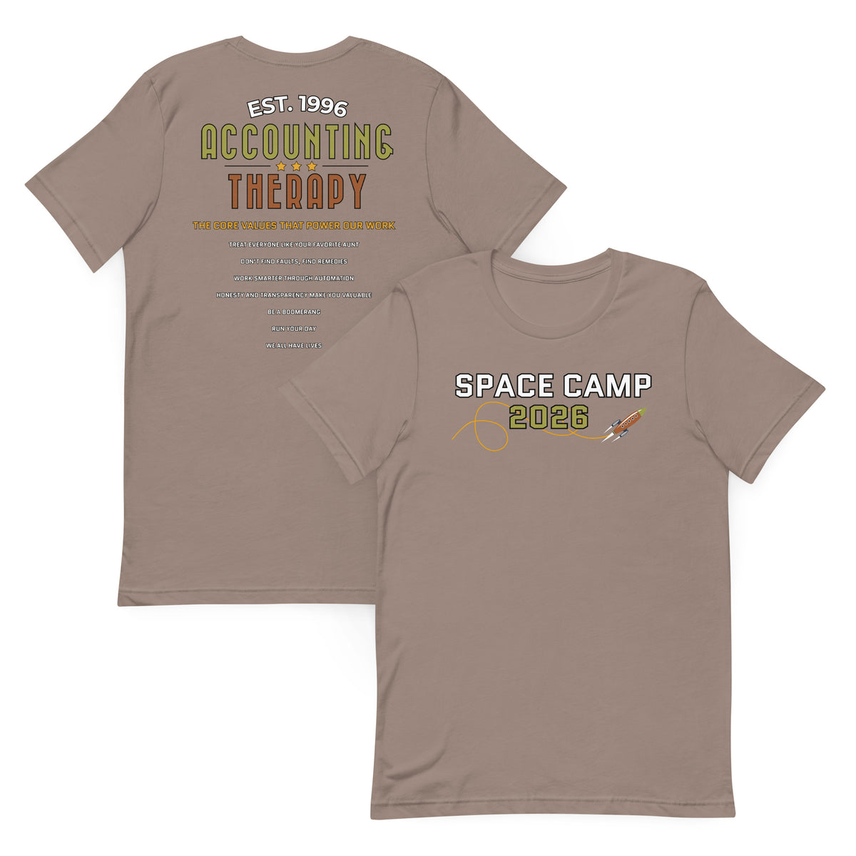 Product mockup - Front and back view of a pebble-colored unisex staple t-shirt showing a classic fit short sleeve crew neck tee with blank design areas