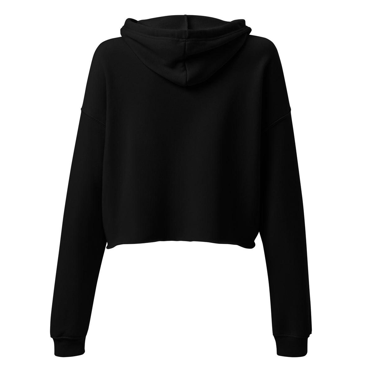 Product mockup - Back view of a women’s cropped hoodie in black color with drawstrings, long sleeves, and a raw hem