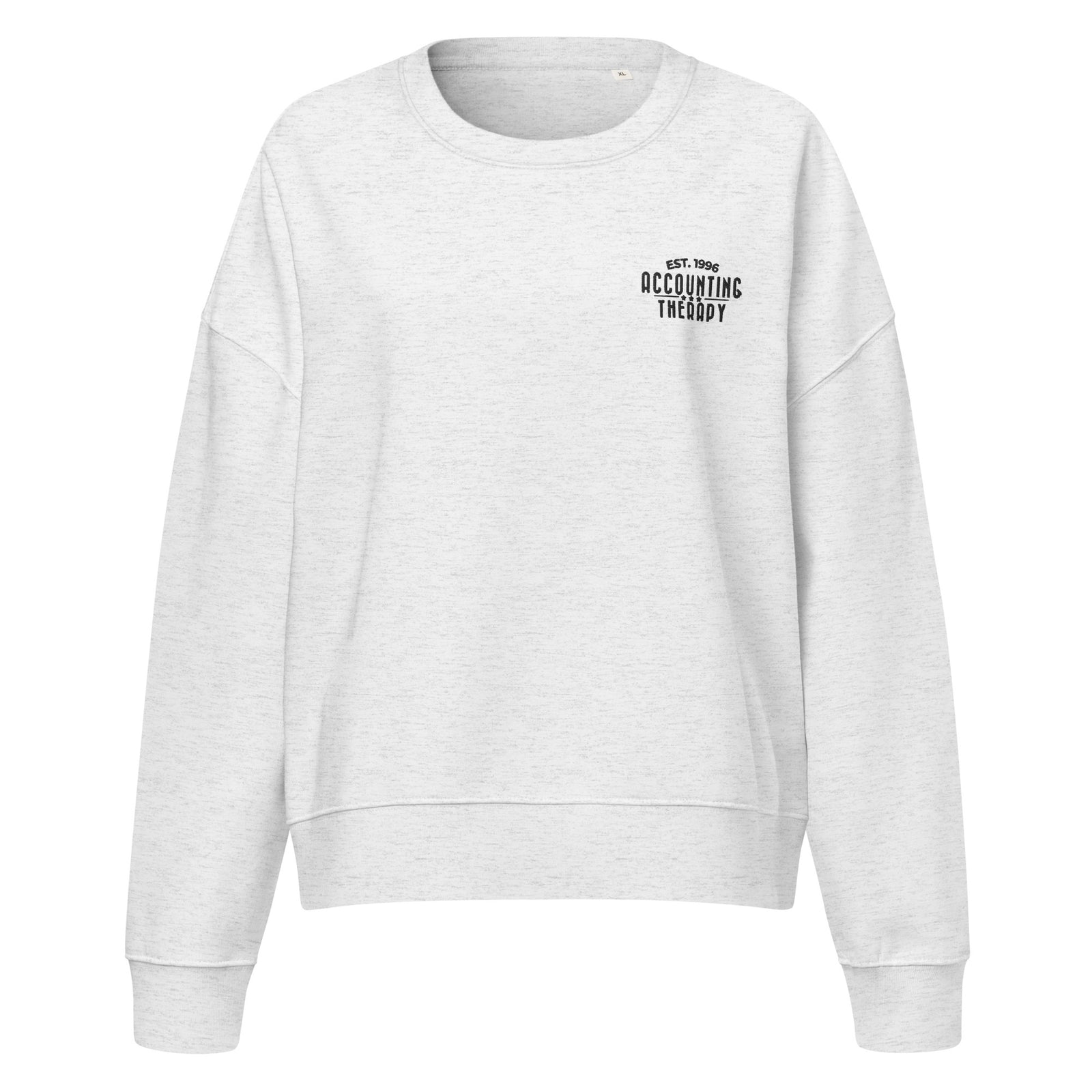 Product mockup - Front view of a grey women’s organic crew neck sweatshirt with a classic fit and long sleeves