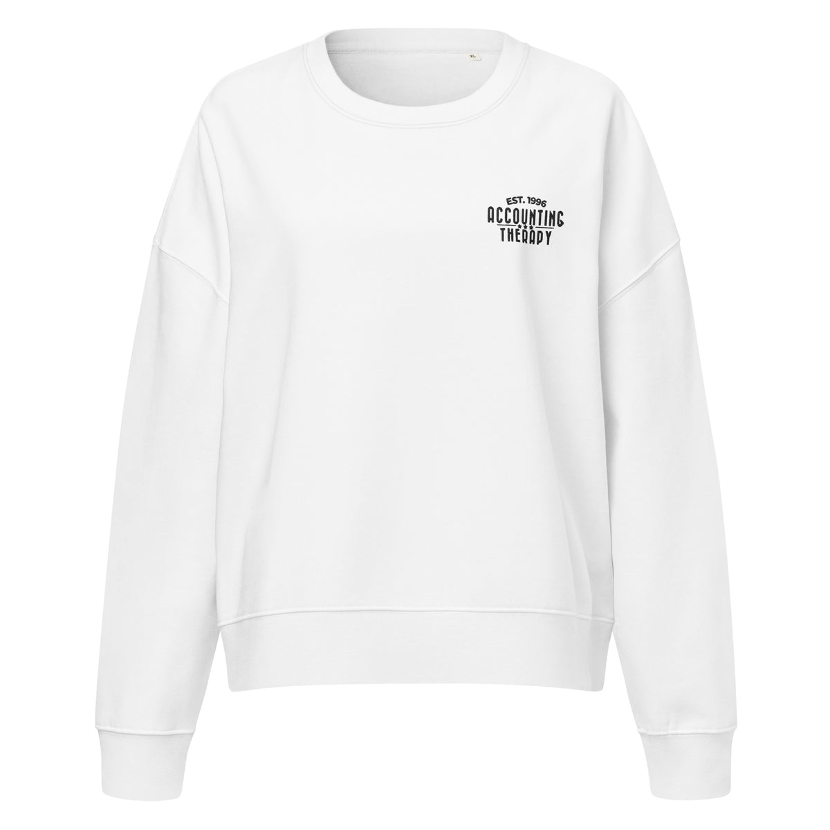 Product mockup - Front view of a white women’s organic crew neck sweatshirt with a classic fit and long sleeves